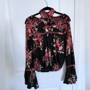 Free People Cold Shoulder Bell Sleeve Mock Neck Blouse